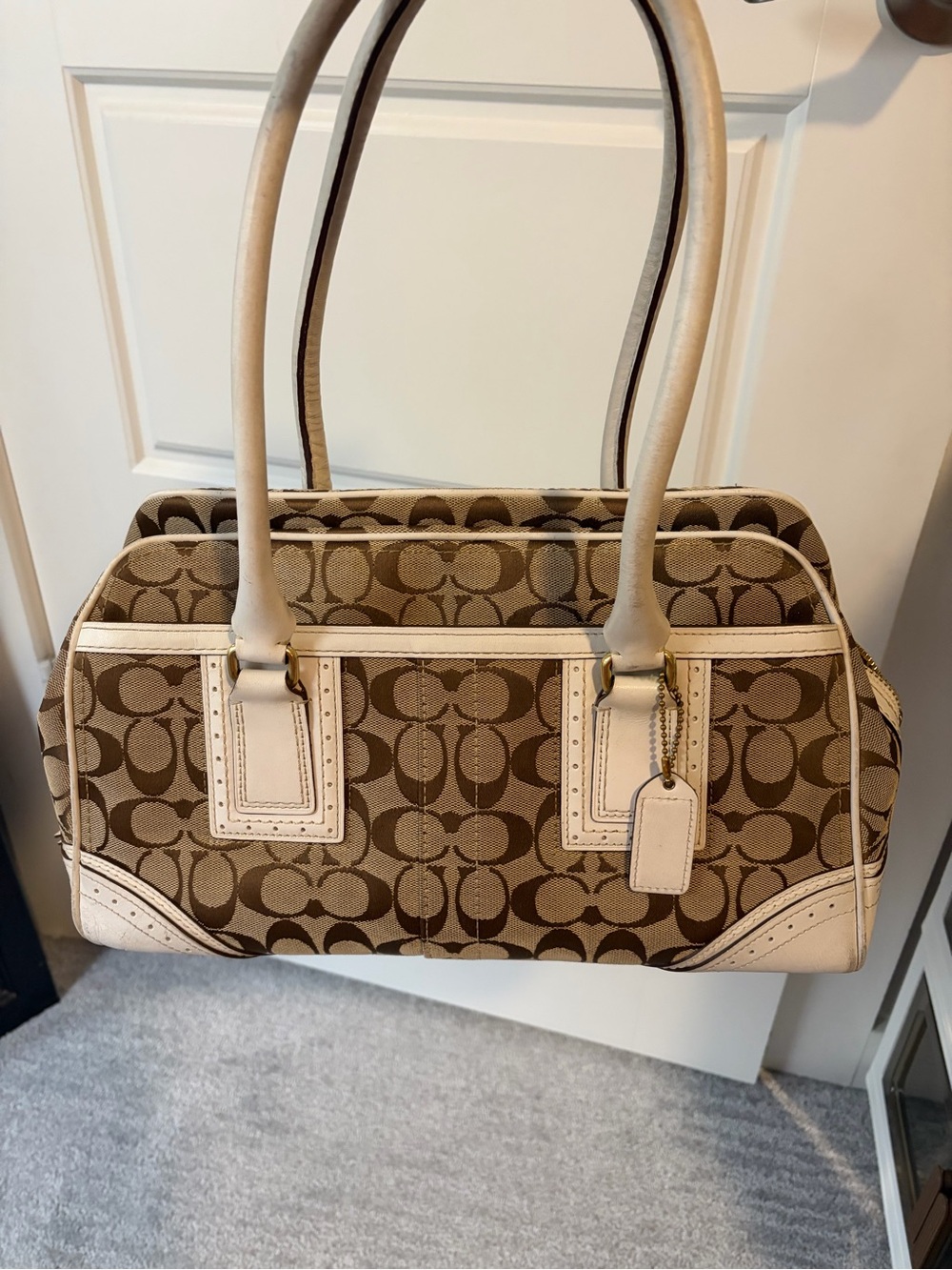 Coach Brown Signature Canvas Shoulder Bag with Cream Trim